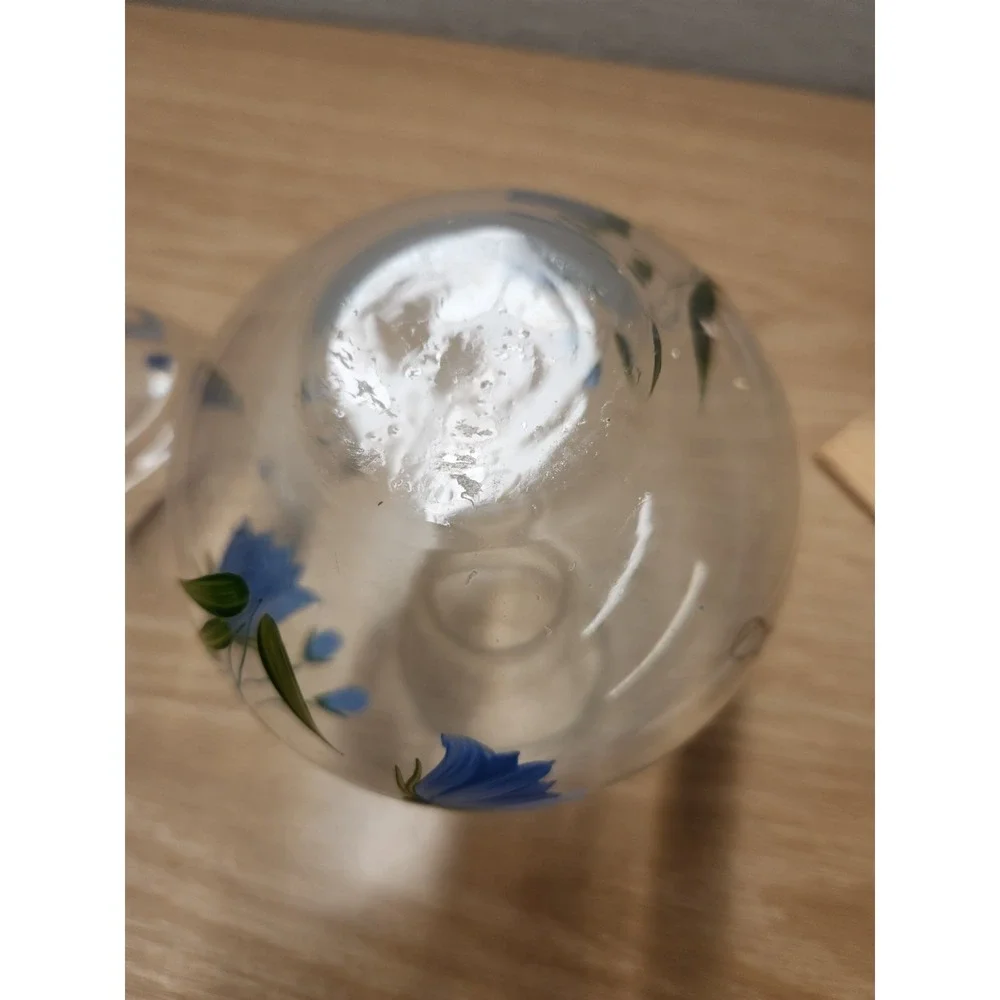Hand Painted Blue Floral Clear Glass Tumble Up Bedside Water Carafe Made Hungary